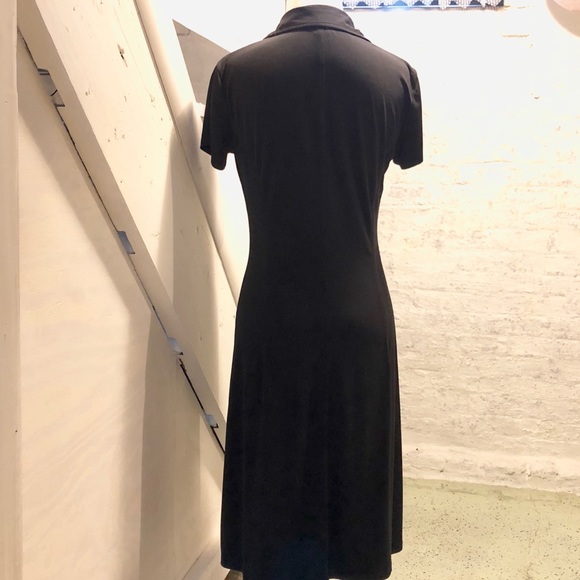 Black Faux Wrap Dress with Collar, Short Sleeve - Picture 3 of 8